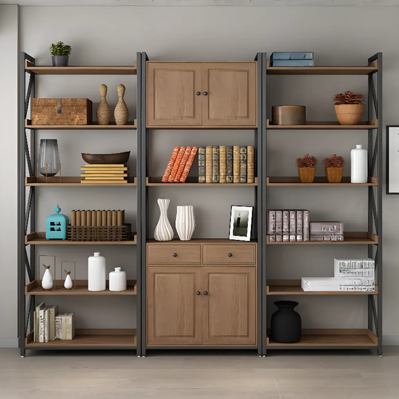 Rustic Brown Metal 6-shelf Open Bookcase with Cabinet