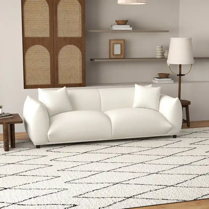 Mansan Mid Century Modern Luxury Tight Pillow Back French Boucle Couch in Cream