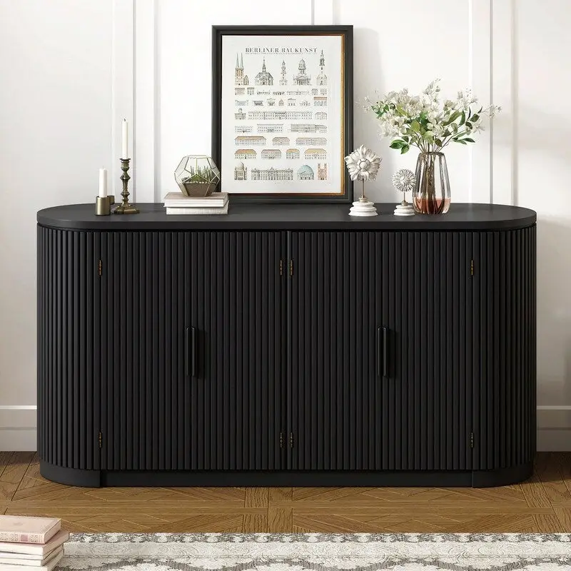 Vertical Striped Door Storage Cabinet with Metal Handles, Adjustable Shelves