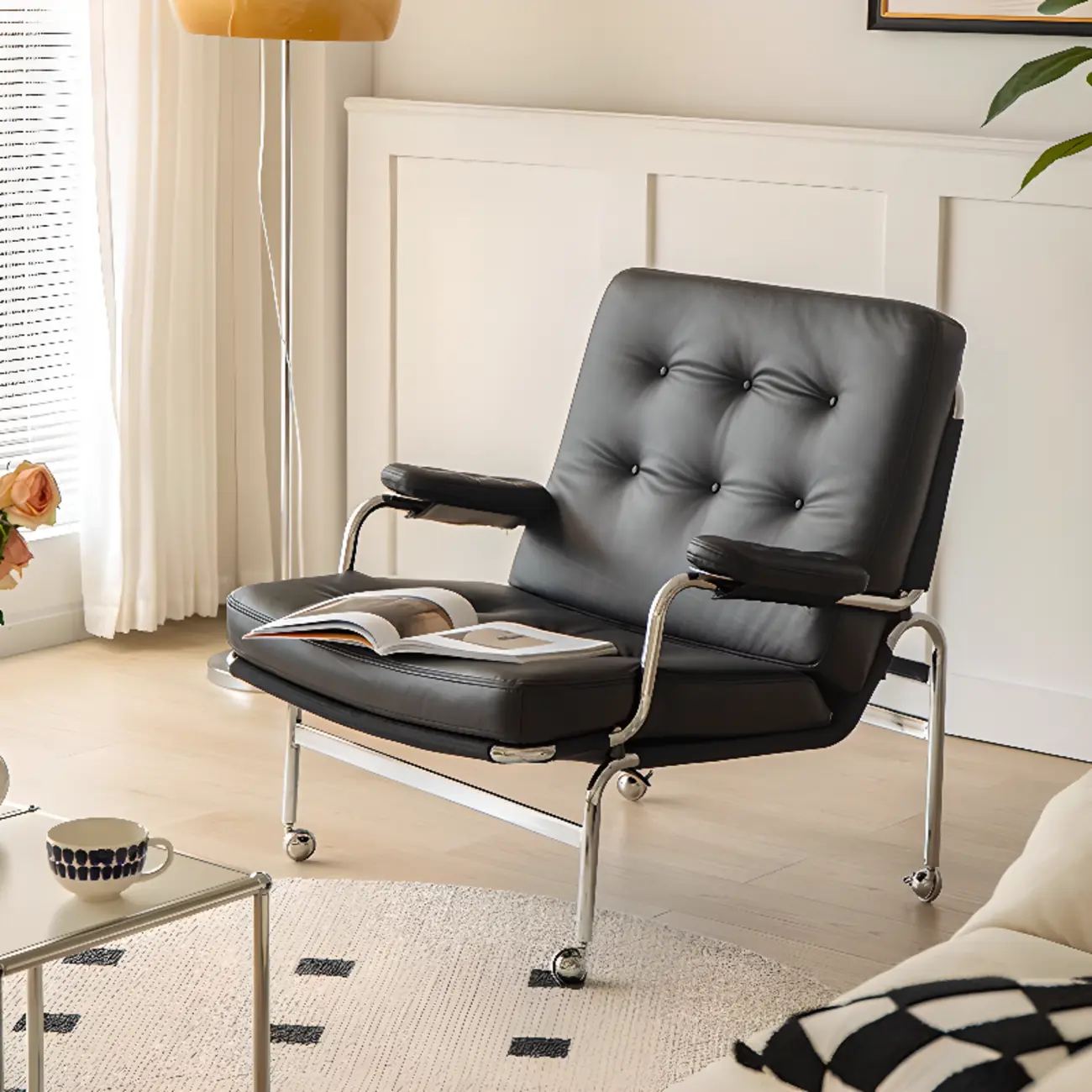 Mid Century Modern Leather Accent Chair with Casters