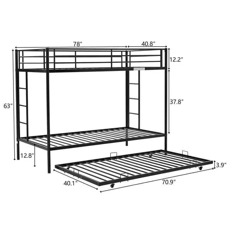 Karl Home Blcak Twin over Twin Bunk Bed with Trundle, Heavy Duty Metal Bed Frame with Safety Rail Side Ladders