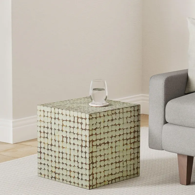 Juliette Distressed Natural Coconut Cube Accent Table by East at Main