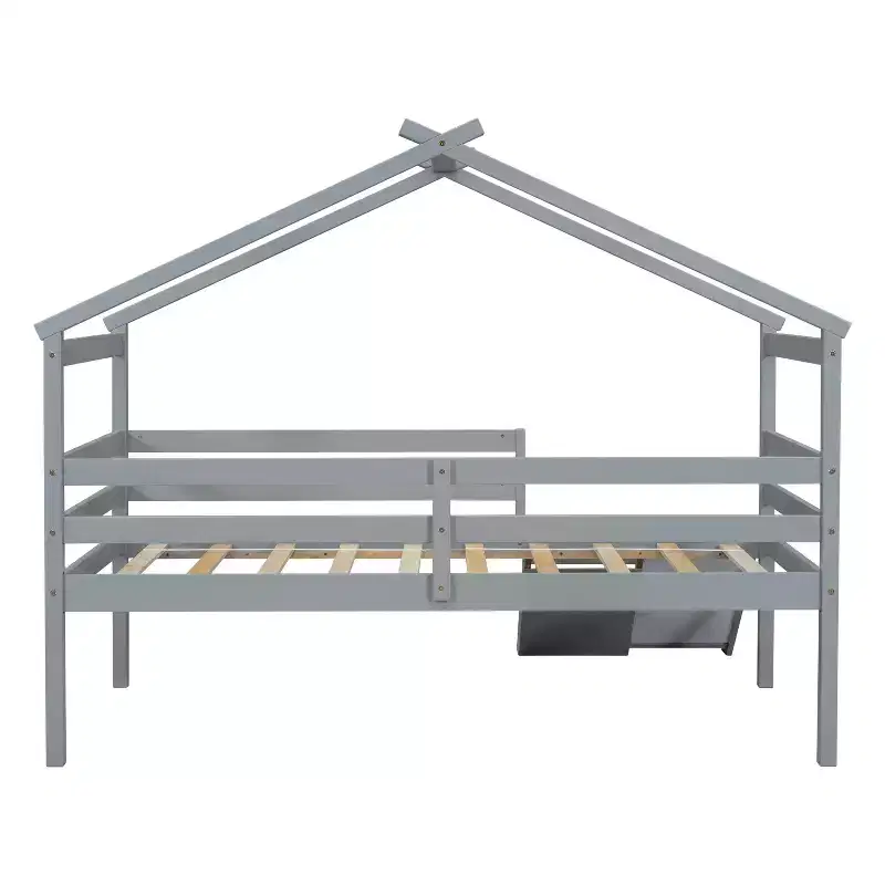 Whisen 81.7L x 67.6W Twin Low Loft House Bed with Slide, Ladder, Safety Guardrails, House Roof Frame