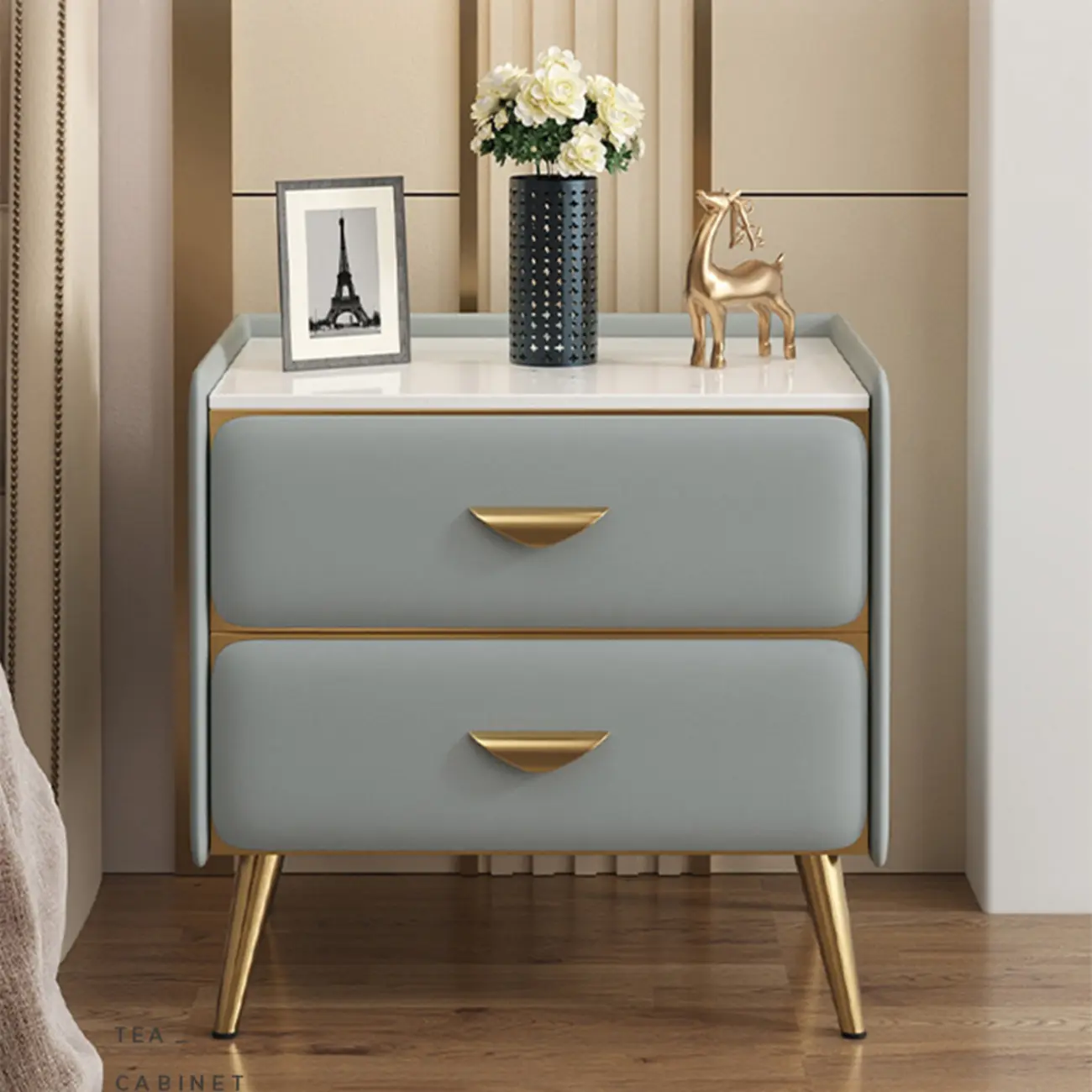 Elegant Stone Top Gold Accents Nightstand with 2 Drawers