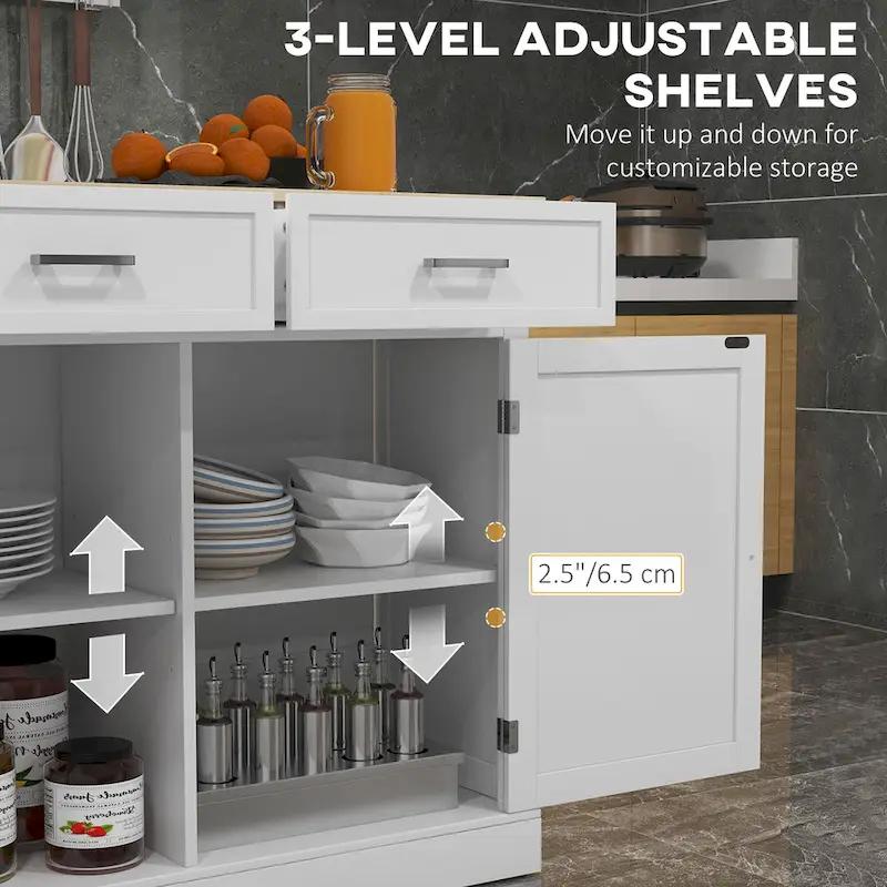 HOMCOM Rolling Kitchen Island with Drop Leaf Wood Breakfast Bar, Farmhouse Kitchen Cart with 2 Drawers, White