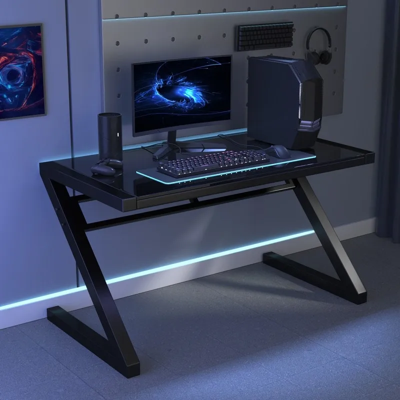Professional Z-Leg Tempered Glass Gaming and Study Desk with Built-In USB Cable