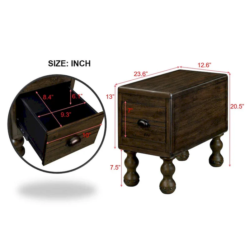 Solid Wood End Table with Drawer, 23.6 inch Narrow Side Table for Small Spaces