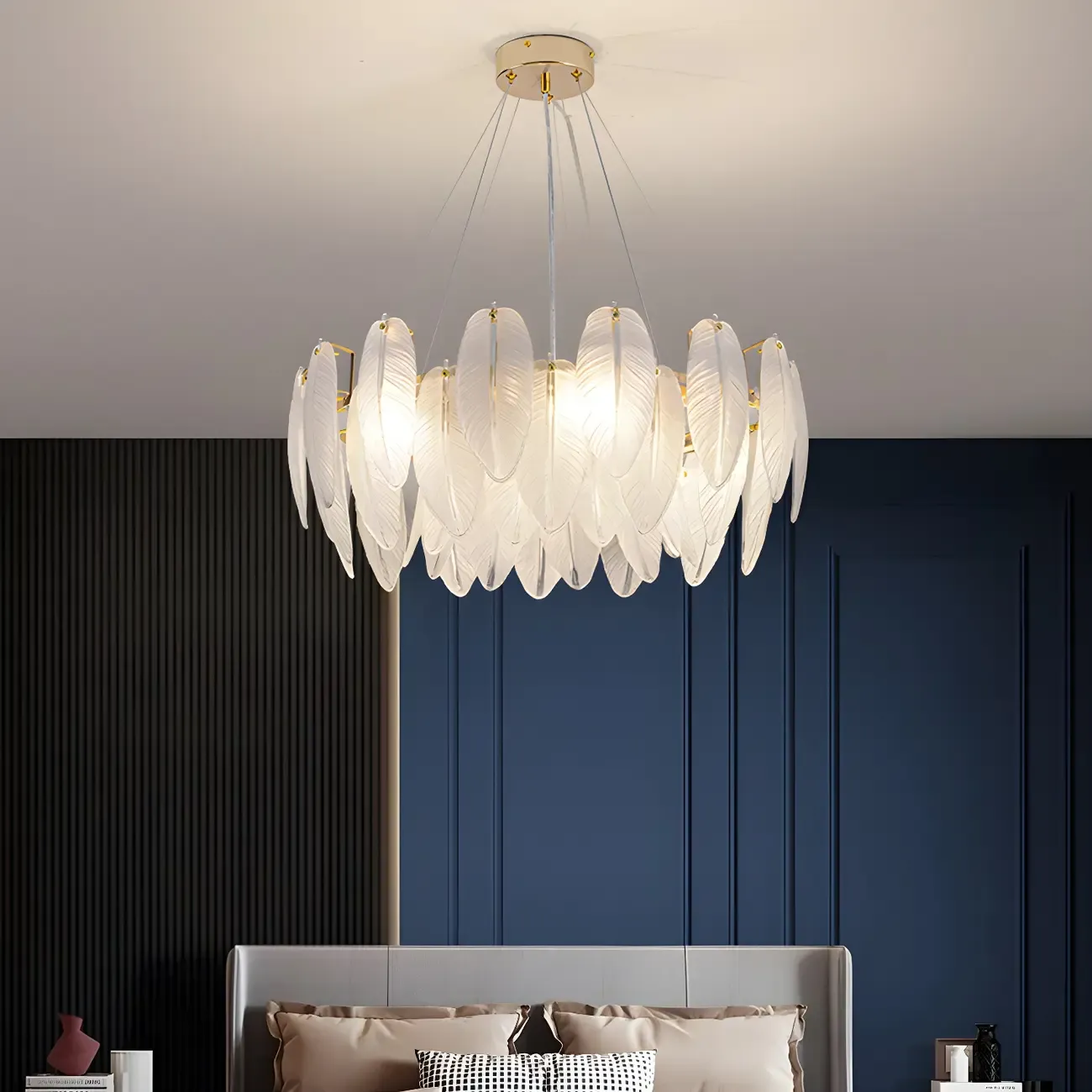 Elegant White Glass Feather Round Chandelier