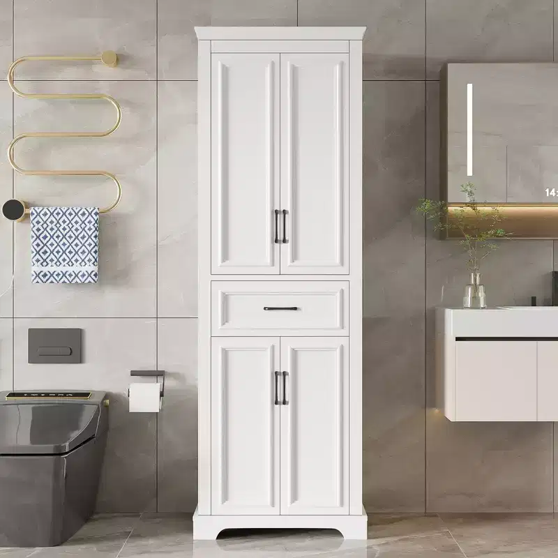 Freestanding Bathroom Storage Cabinet with Drawer, Adjustable Shelves, Damping Hinge Doors, Durable Painted Finish, White - ModernLuxe
