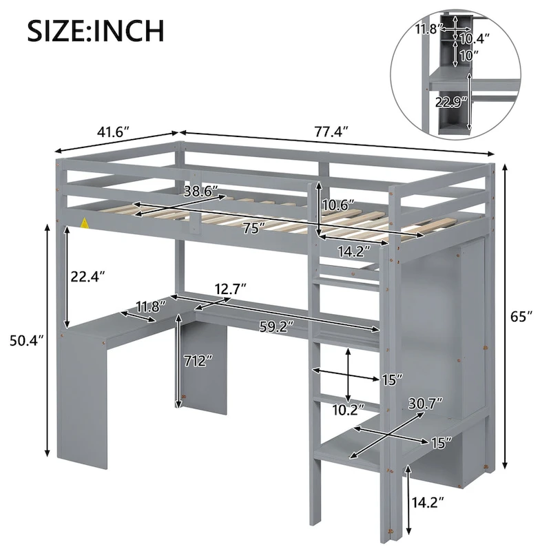 Solid Wood Loft Bed with L-shaped Desk, Wardrobe, and Shelves
