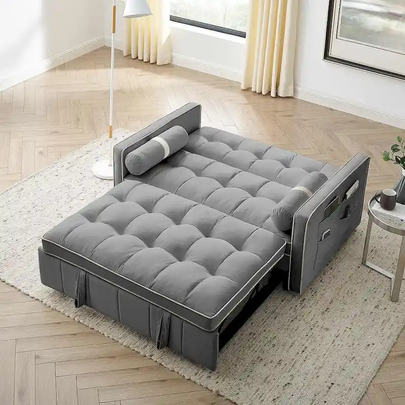 Velvet Multi-Functional Pull-Out Sofa Bed Adjustable Reclining Backrest With Pillows - N/A