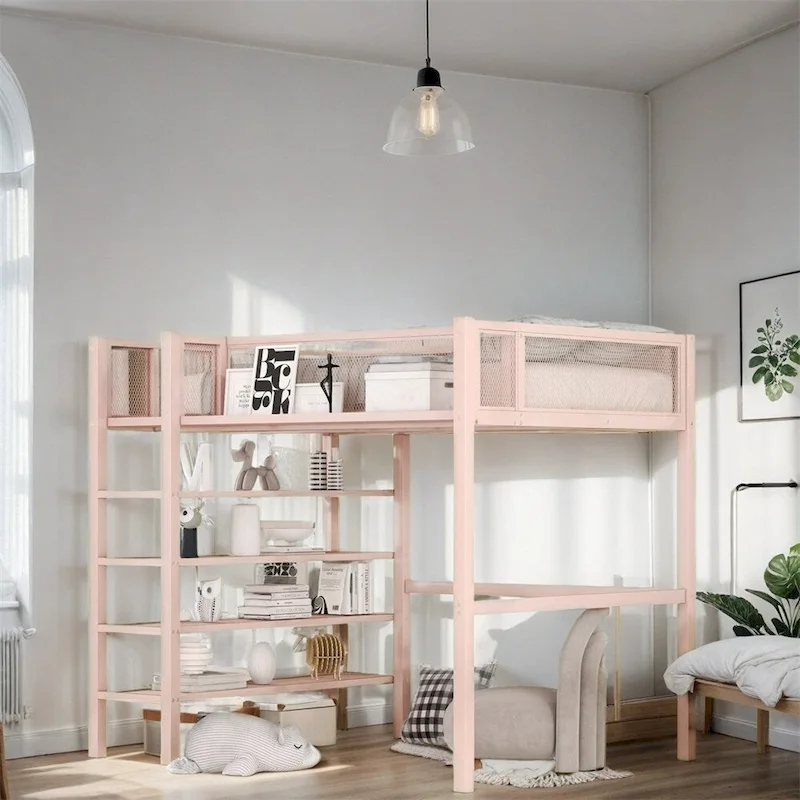 Twin Size Modern Metal Loft Bed with 4-Tier Shelves and Storage