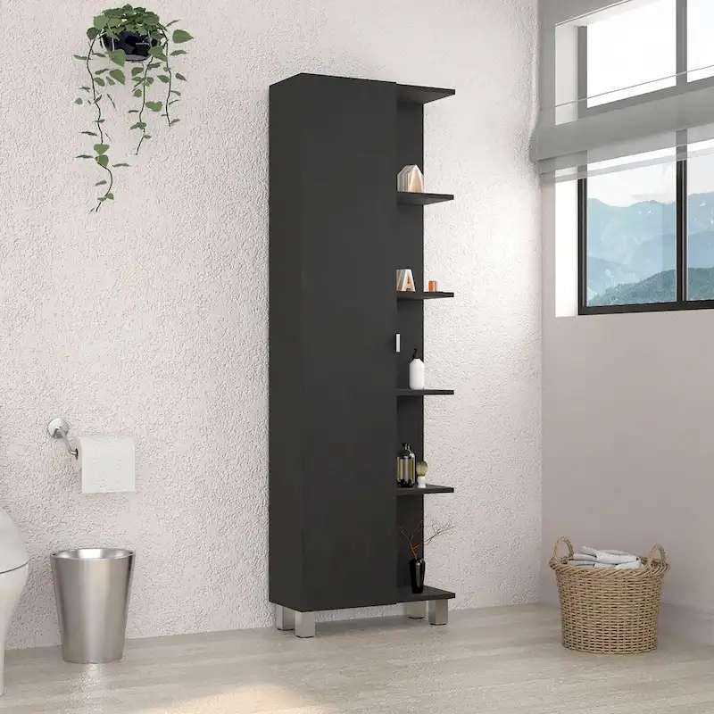 Urano Mirror Linen Cabinet, Four Interior Shelves, Five External Shelves -Black