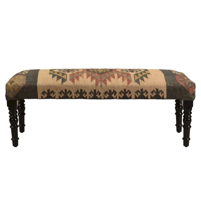 47  Multicolored Southwestern Style Rectangular Bench with Wooden Legs