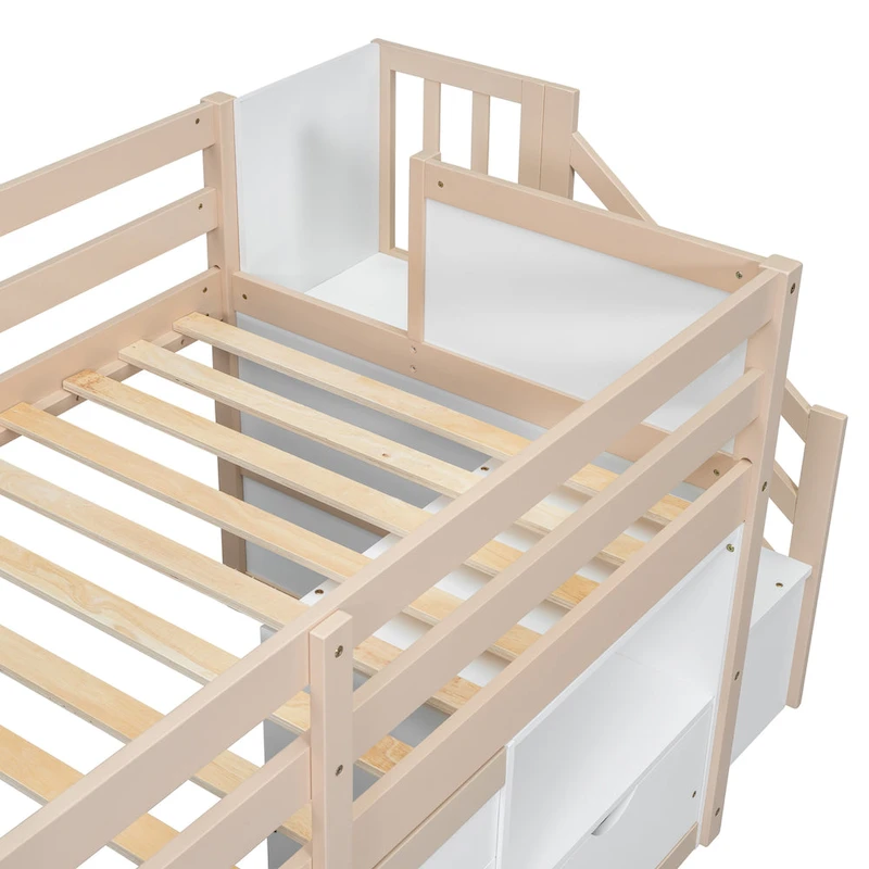 Twin Solid Wood Low Loft Bed with Stair & Drawer
