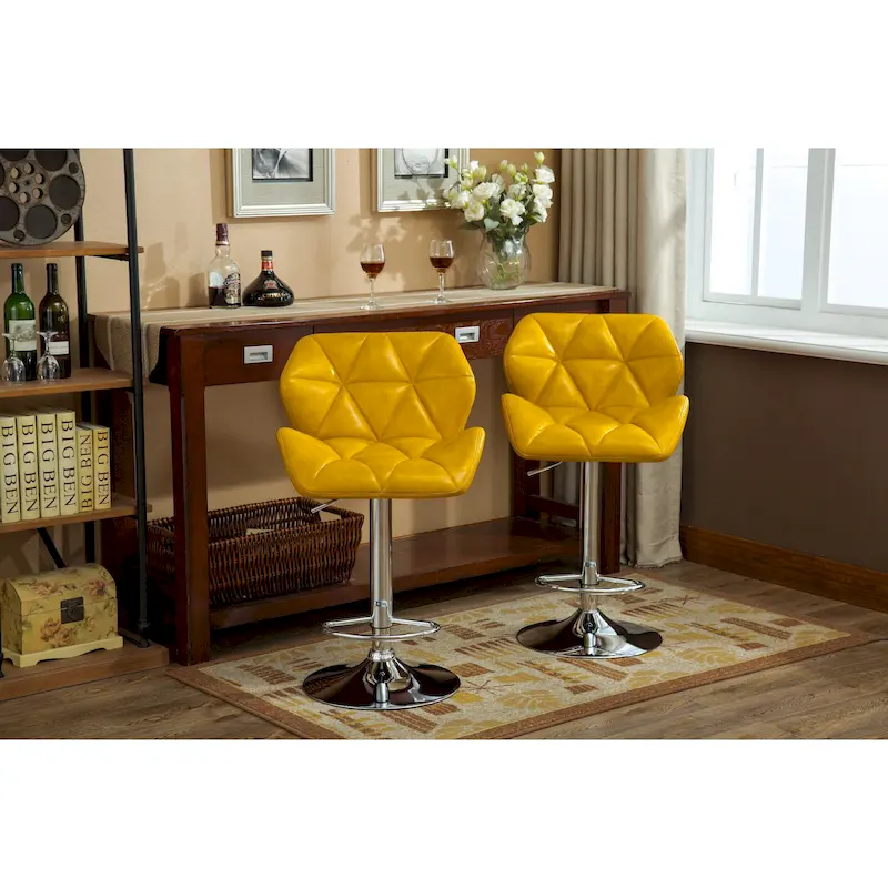 Modern Set of 2 Swivel Bar Stools with Tufted Upholstered Seat, Chrome Metal Base, Height Adjustable for Kitchen Island