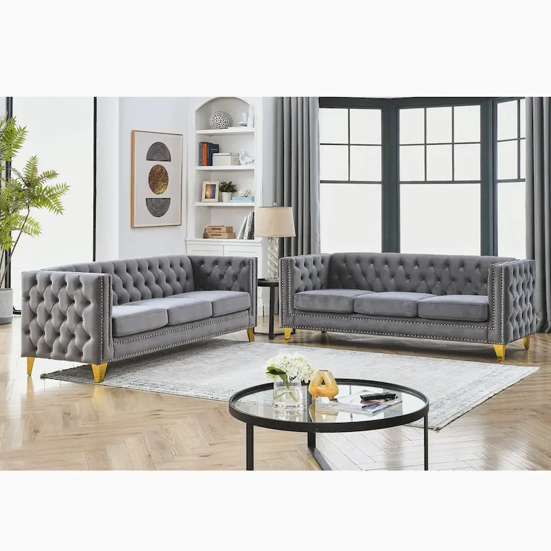 Velvet Sofa for Living Room,Buttons Tufted Square Arm Couch, Modern Couch Upholstered Button and Metal Legs,2PCS