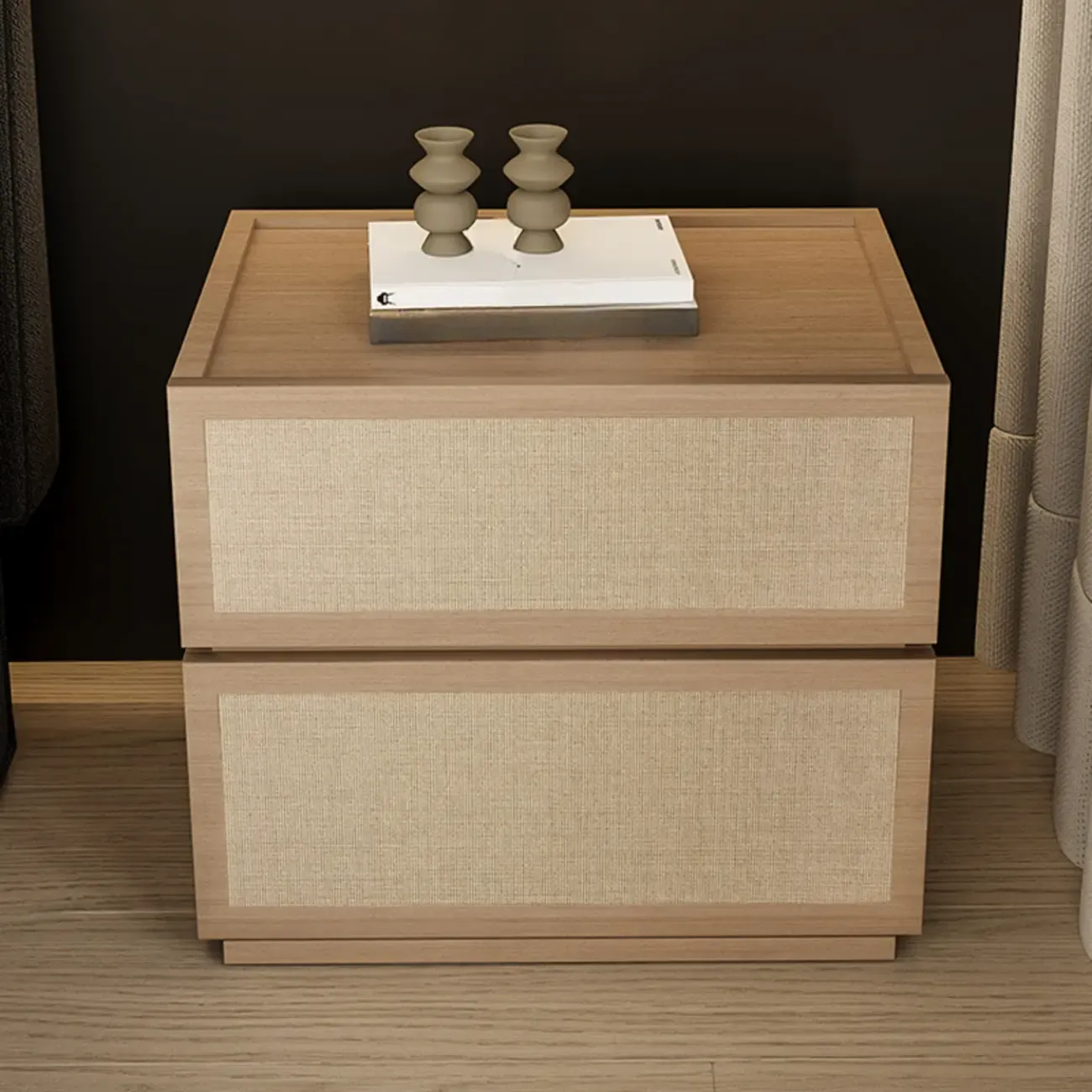 Dark Walnut 2-Drawer Fabric Wood Frame Nightstand