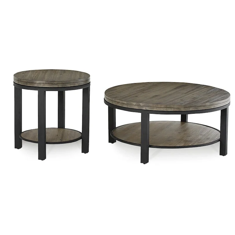 Canyon Solid Wood and Metal Round Coffee Table in Washed Grey - 19 x 40 x 40