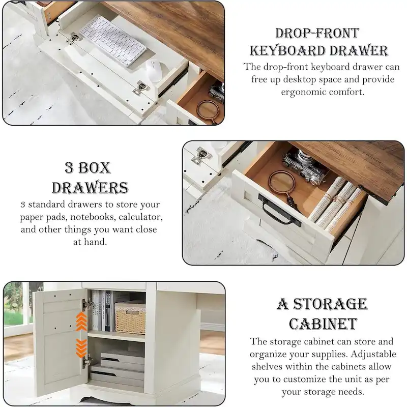 Farmhouse Desk, Wood Home Office Executive Desk with Charging Station