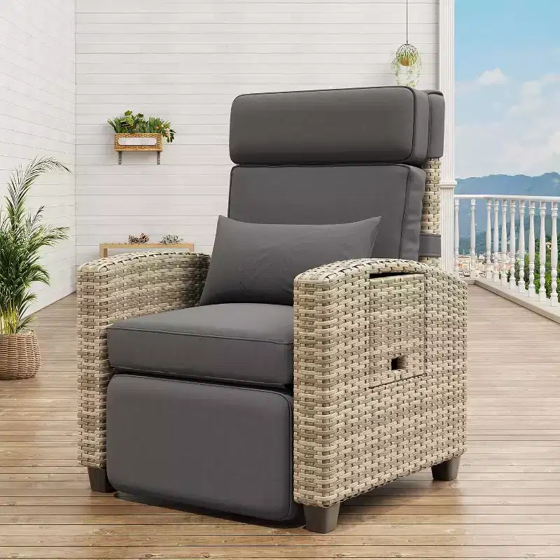 Outdoor Wicker Lounge Recliner Chair, Rattan Patio Recliner with Air Pump, Adjustable Backrest, Flip-Up Table and Cushion, 150 Degree Lay Flat