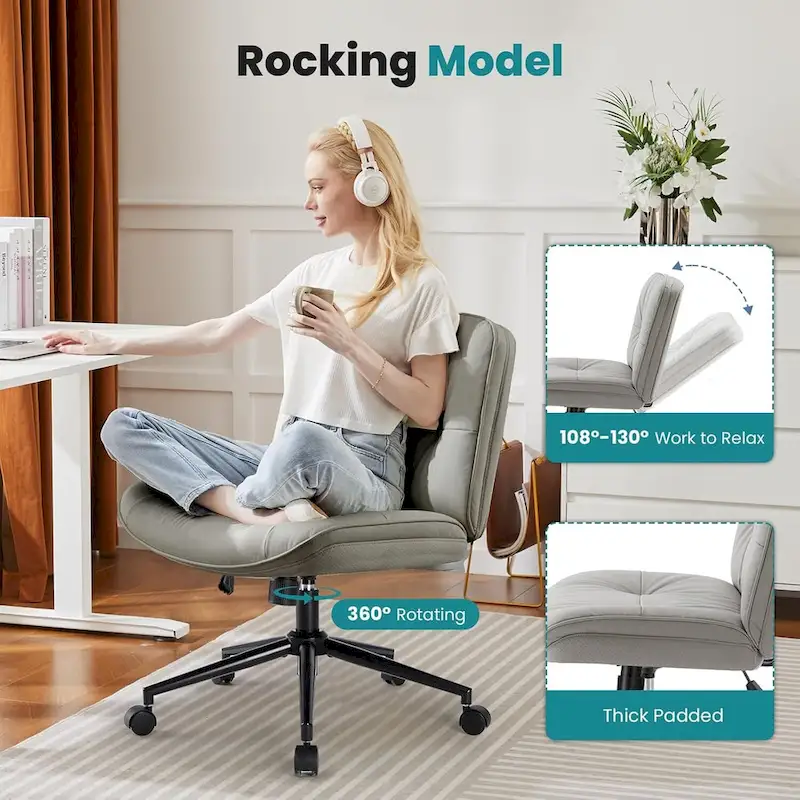 Criss Cross Chair with Wheels, Legged Home Office PU Leather Wide Armless Desk Seat, Rolling Ergonomic Comfy Vanity Seating