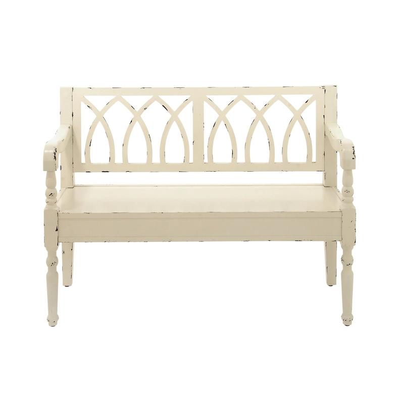 Wood Distressed Bench with Arched Design Back and Turned Legs - Black or White - Roche River Decor
