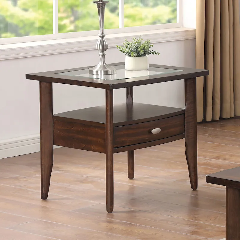 Genoas Traditional Walnut Glass 2-Piece Coffee Table Set with Drawer by Furniture of America