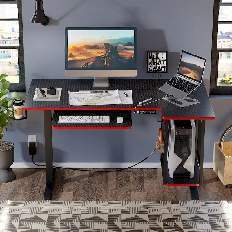 57 inch Electric Standing Desk Adjustable Height L Shaped Desk with Keyboard Tray and Host Shelf