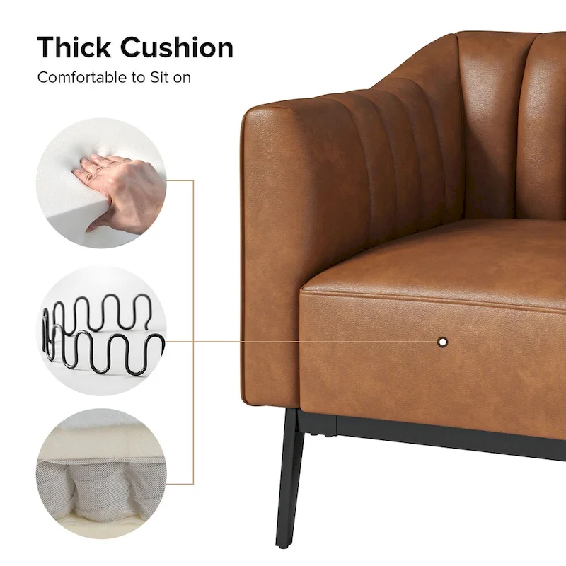 Channel Tufted PU Leather Accent Chair, Navy/Grey/Camel/Brown/Black, Metal Legs, Set of 2