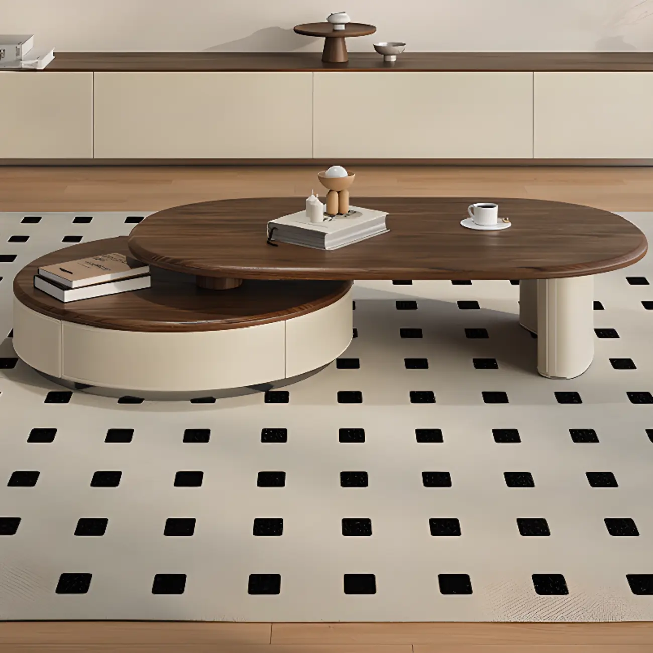 Modern Brown Beige Nest Wooden Rounded Drawer Coffee Table