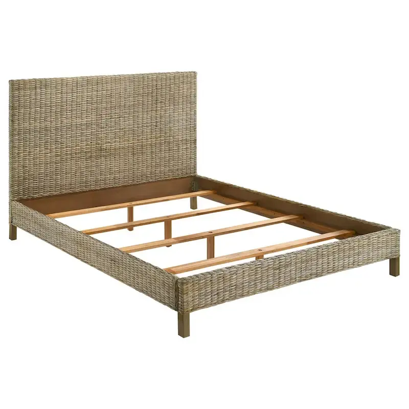 Gray Rattan-Woven Panel Platform Bed – King, 2-Person