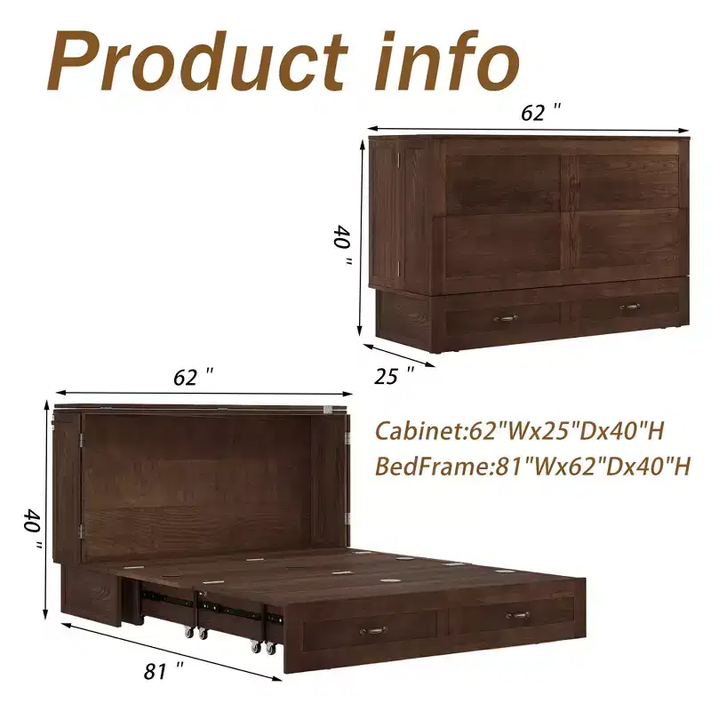 Keloyid Haimyy Solid Wood Frame Queen Murphy Bed Chest with Built-in Charger and Strong Drawer