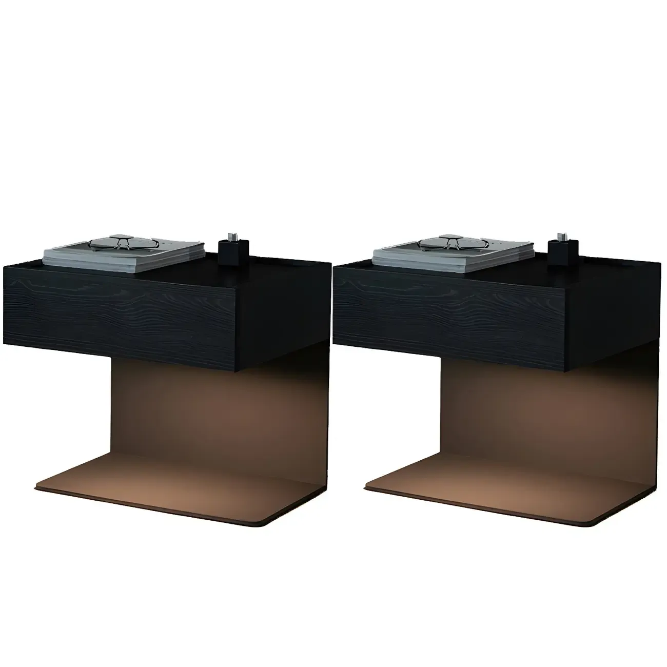 Black Steel Wood C-Shaped Drawer Nightstand with Light