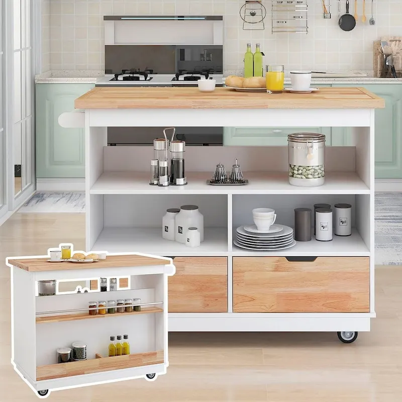 Kitchen Island on Wheels with Open Compartments and 2 Drawers