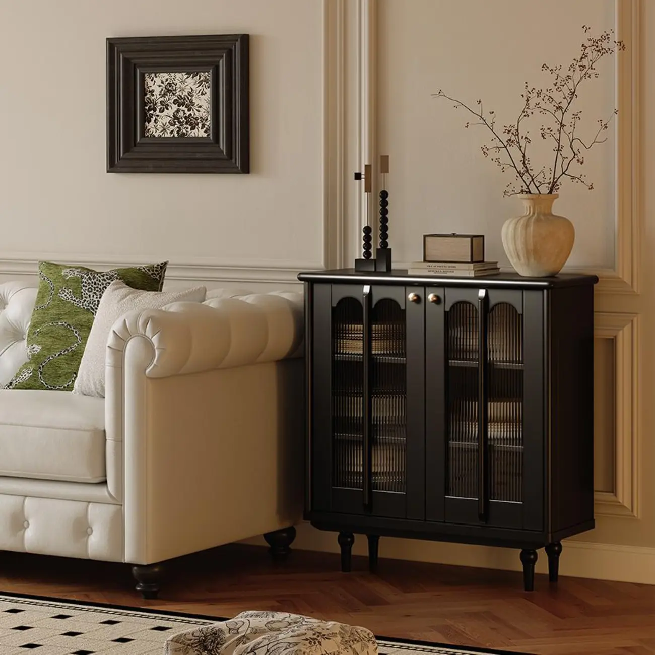 Medieval Style Black Wooden Buffet Table with Shelves