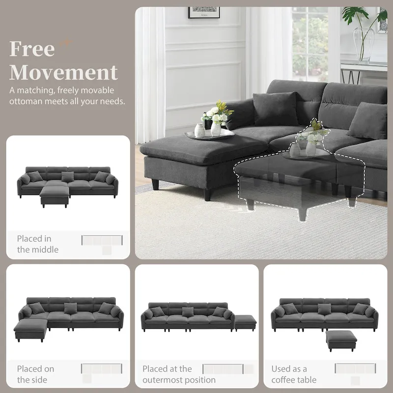 110  Modern L-Shaped Convertible 5-Seat Sectional Sofa with Removable Ottoman and 5 Cushions, Plush Chenille Fabric