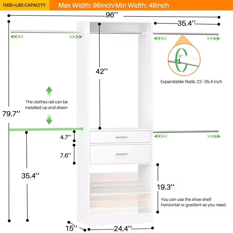 Besiost Closet System with 2 Wooden Drawers and Adjustable Shoes Rack