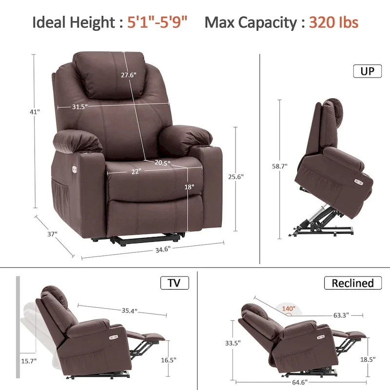 MCombo Large Power Lift Recliner Leather Chair with Massage, Heat, Cup Holders,Extended Footrest, Leather 7516