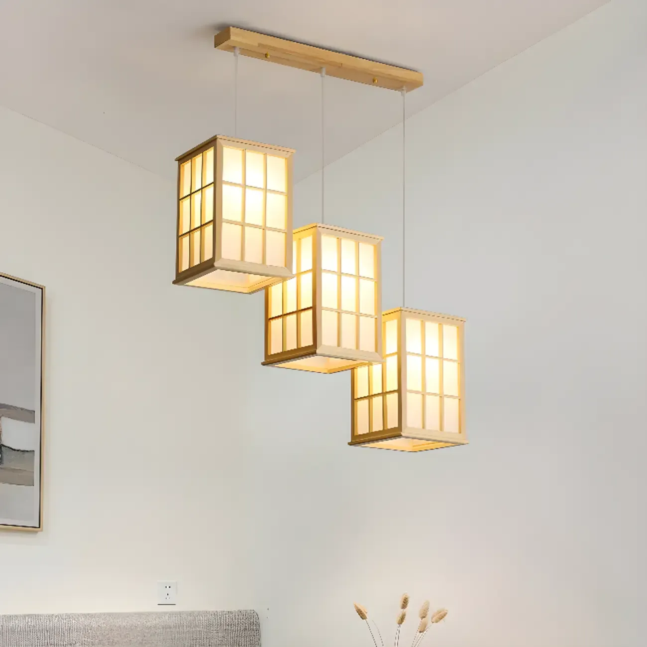 3 Light Island Pendant Light in Natural Wood with Rectangular Shape