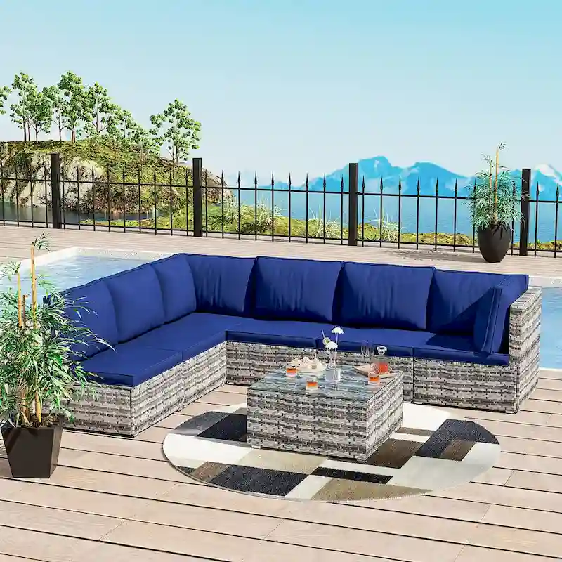 7-Piece Wicker Patio Conversation Set with Cushions and Glass Table