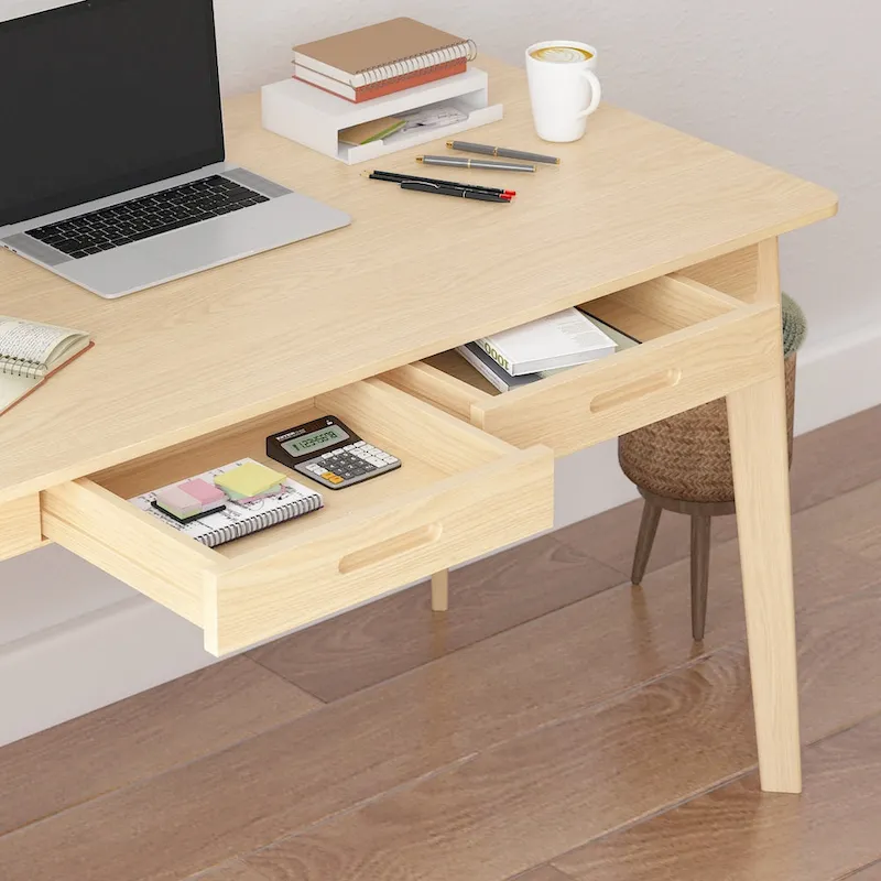 Timechee Beige Wooden Computer Desk, 47 Writing Desk with 2 Drawers