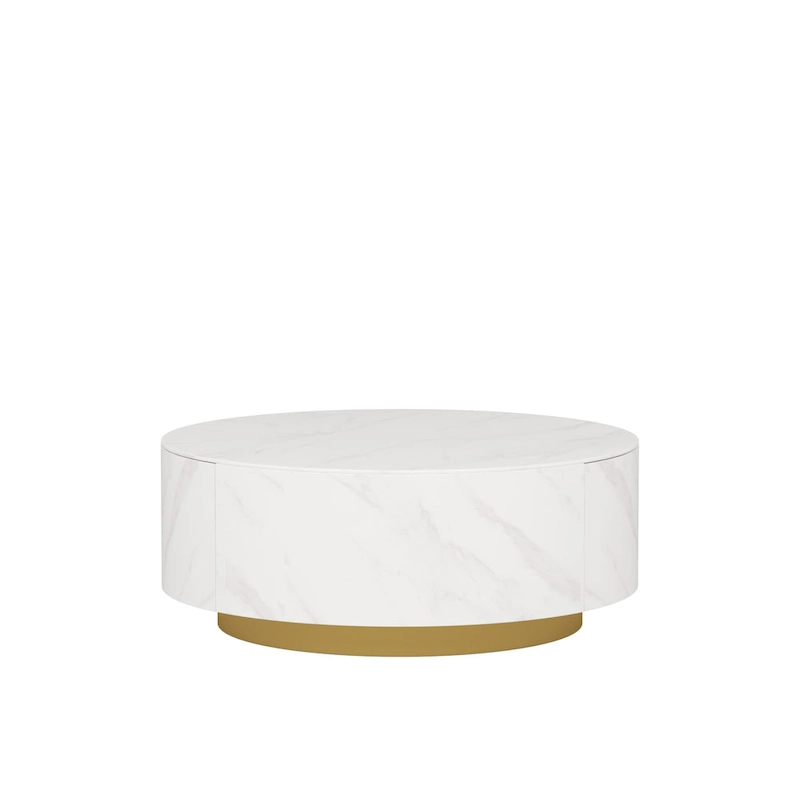 Faux Marble Top Round Modern Coffee Table with 2 Drawers