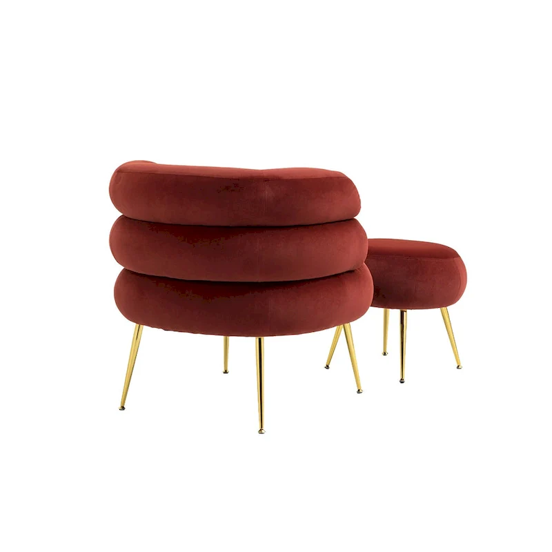 Wine Red Upholstered Barrel Chair with Ottoman and Metal Legs