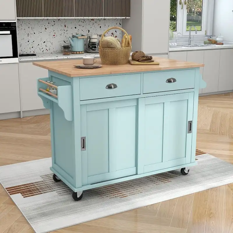 Rubberwood Folding Countertop Kitchen Cart with 2 Drawers and Storage Cabinet