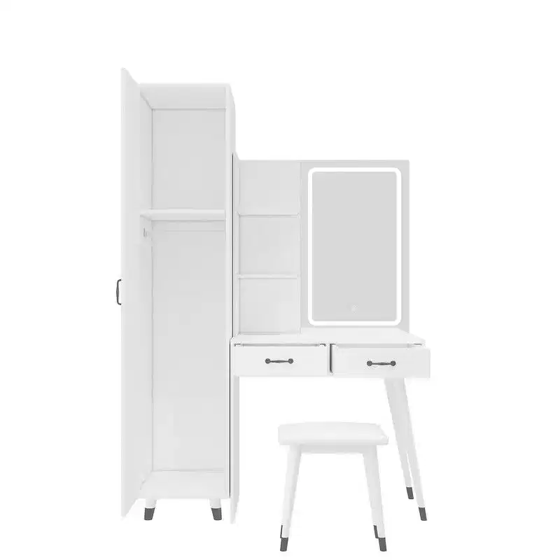 Karl Home White Makeup Vanity Table and Slim Armoire Wardrobe Set