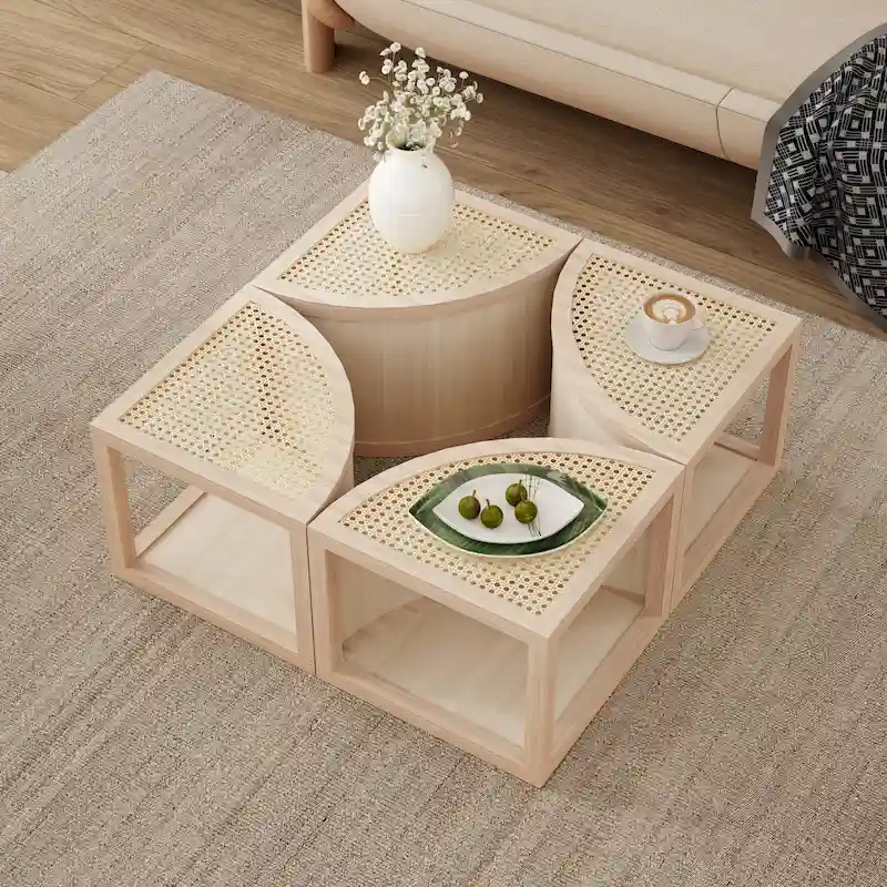 31.4 Modern Wooden Block Modular Coffee Table with Natural Ratta and Storage for Living Room