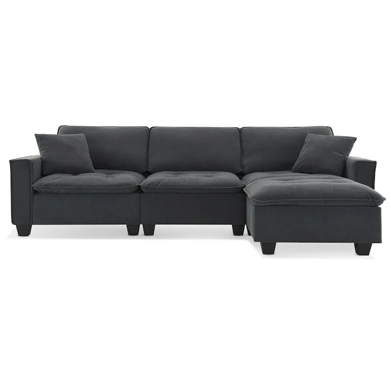 100 L-Shaped Convertible 4 Seater Sectional Sofa with Removable Ottoman and Matching Pillows, Suede Velvet Upholstery