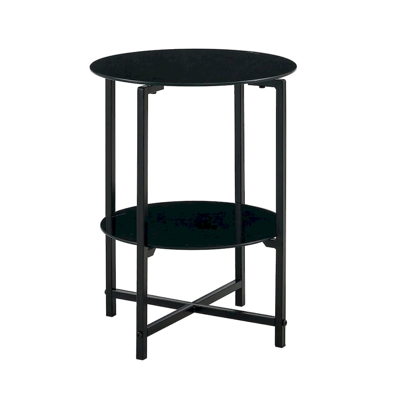 2-layer Round Tempered Glass End Table/Coffee Table with Iron Frame