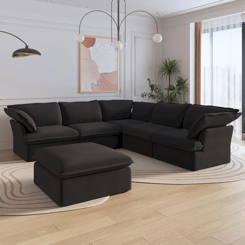 Modern Linen Upholstered Corner Sectional Sofa L-shaped Modular 5-Piece Couch with Ottoman